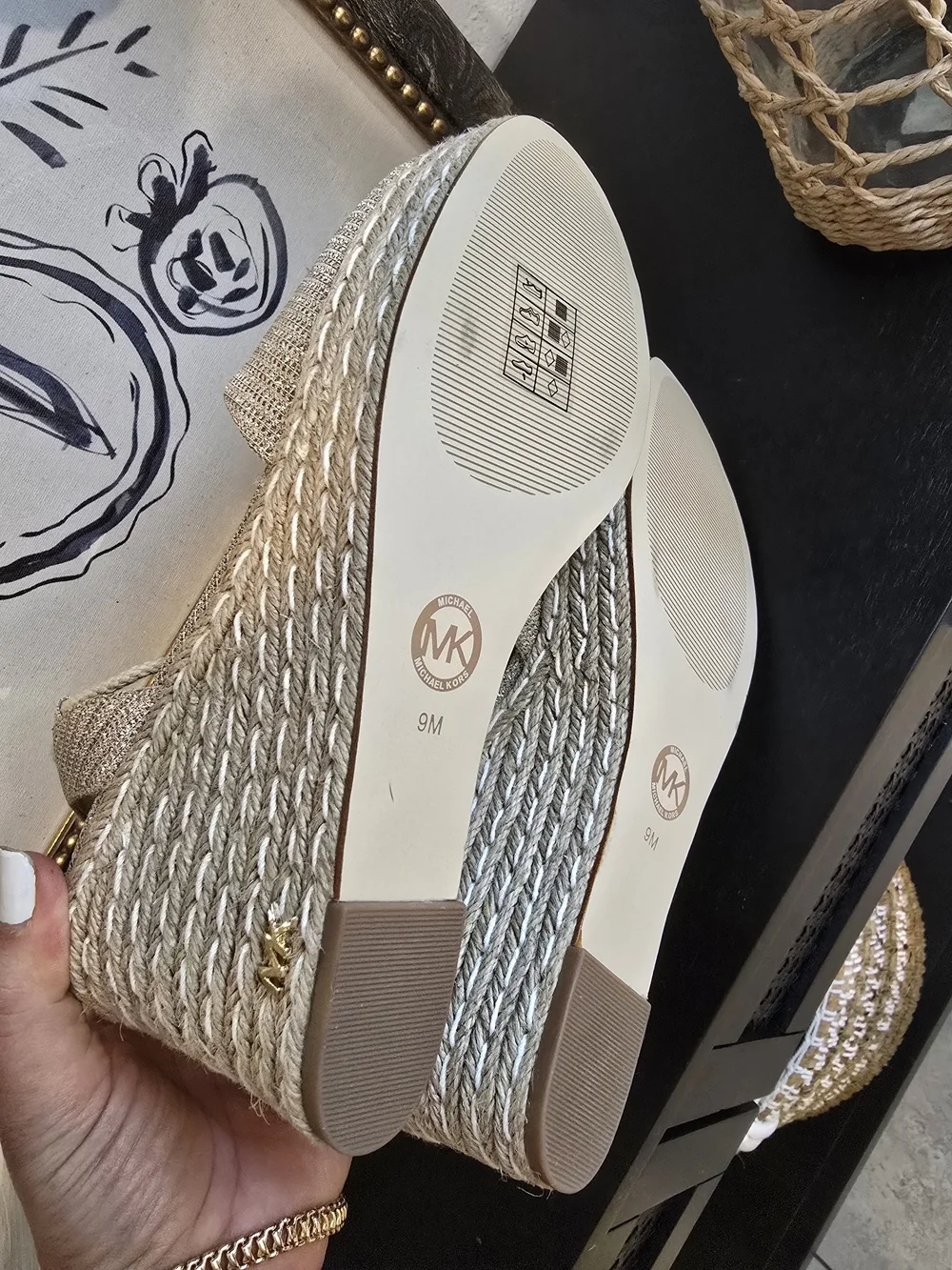 Michael Kors Metallic Gold Lace Up Ankle Ties Wedges Espadrilles Sandals 9